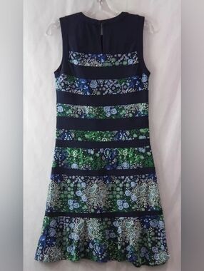 Women's Michael Kors Designer Navy Blue/Green Floral Striped Shift Dress Size S